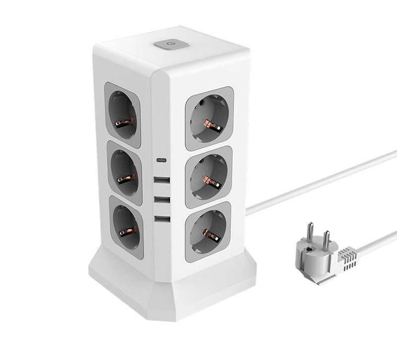 Multiprise filaire multifonction E11 avec 12 prises de style européen, 3 ports USB-A et 1 port USB-C, avec interrupteur