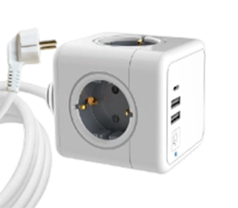 Multiprise cubique filaire E04C avec 4 prises de style européen, 2 ports USB-A et 1 port USB-C