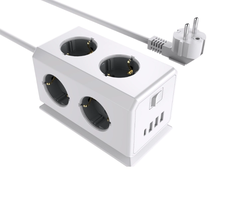 Multiprise filaire multifonction E08 avec 6 prises de style européen, 3 ports USB-A et 1 port USB-C, avec interrupteur