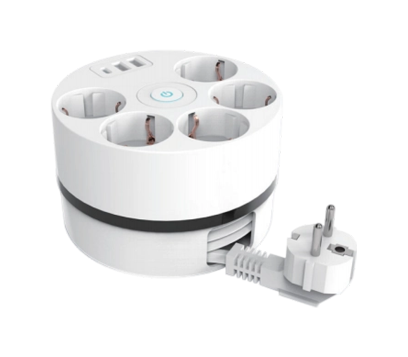 Multiprise à enrouleur de câble E18 avec cordon rétractable, 5 prises de style européen, 2 ports USB-A et 1 port USB-C, interrupteur inclus