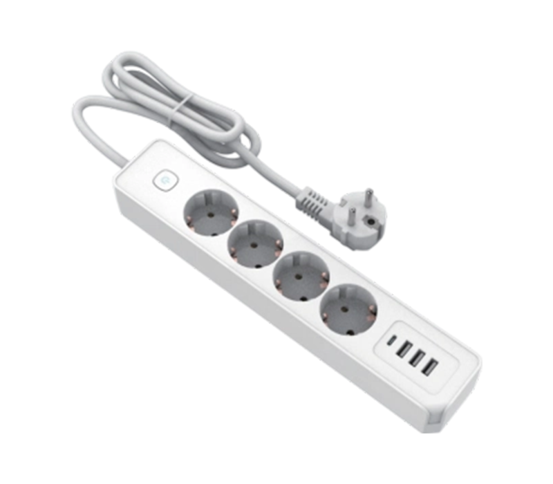 Multiprise de style européen E21-4 avec 4 prises, 3 ports USB-A et 1 port USB-C, interrupteur inclus