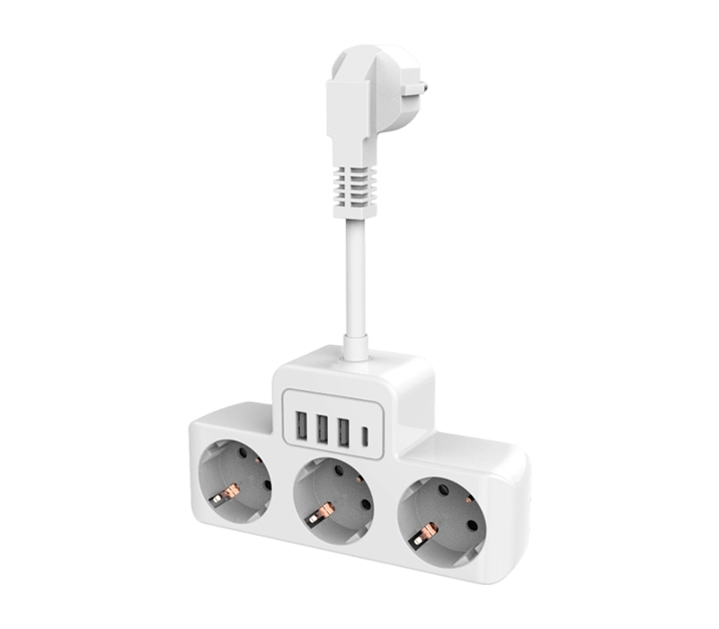 Multiprise filaire E13 avec 3 prises de style européen, 3 ports USB-A et 1 port USB-C