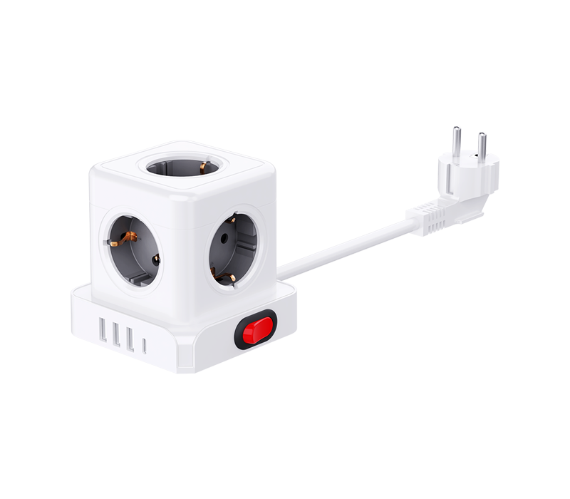 Multiprise cubique filaire E23 avec 5 prises de style européen, 3 ports USB-A et 1 port USB-C, avec interrupteur