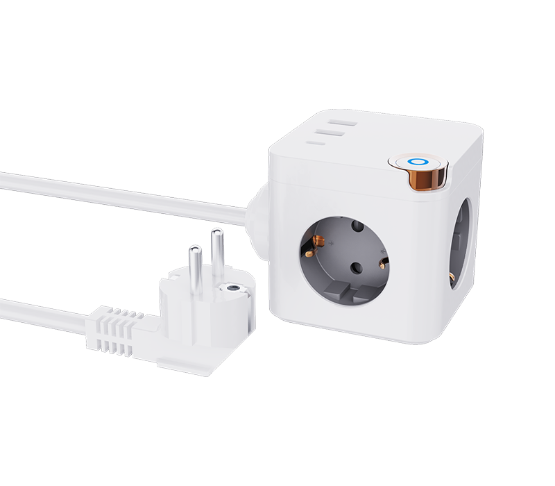 Multiprise cube filaire E20 avec 3 prises de style européen, 2 ports USB-A et 1 port USB-C, avec interrupteur